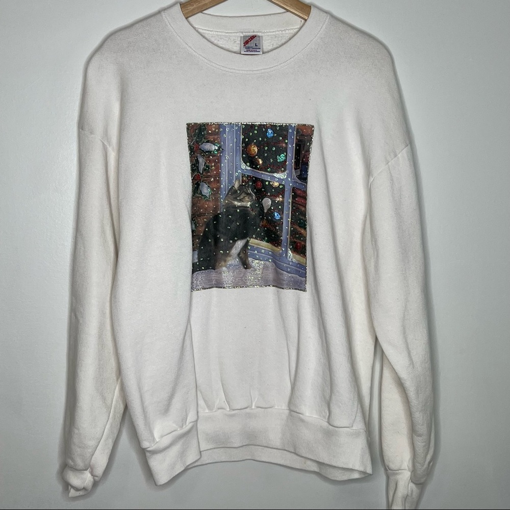 Vintage 90s Cat Christmas sweatshirt puffy paint sweater